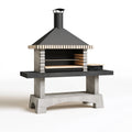 Barbecue de jardin 180 x 80 x 230 cm en pierre et acier noir avec hotte style contemporain