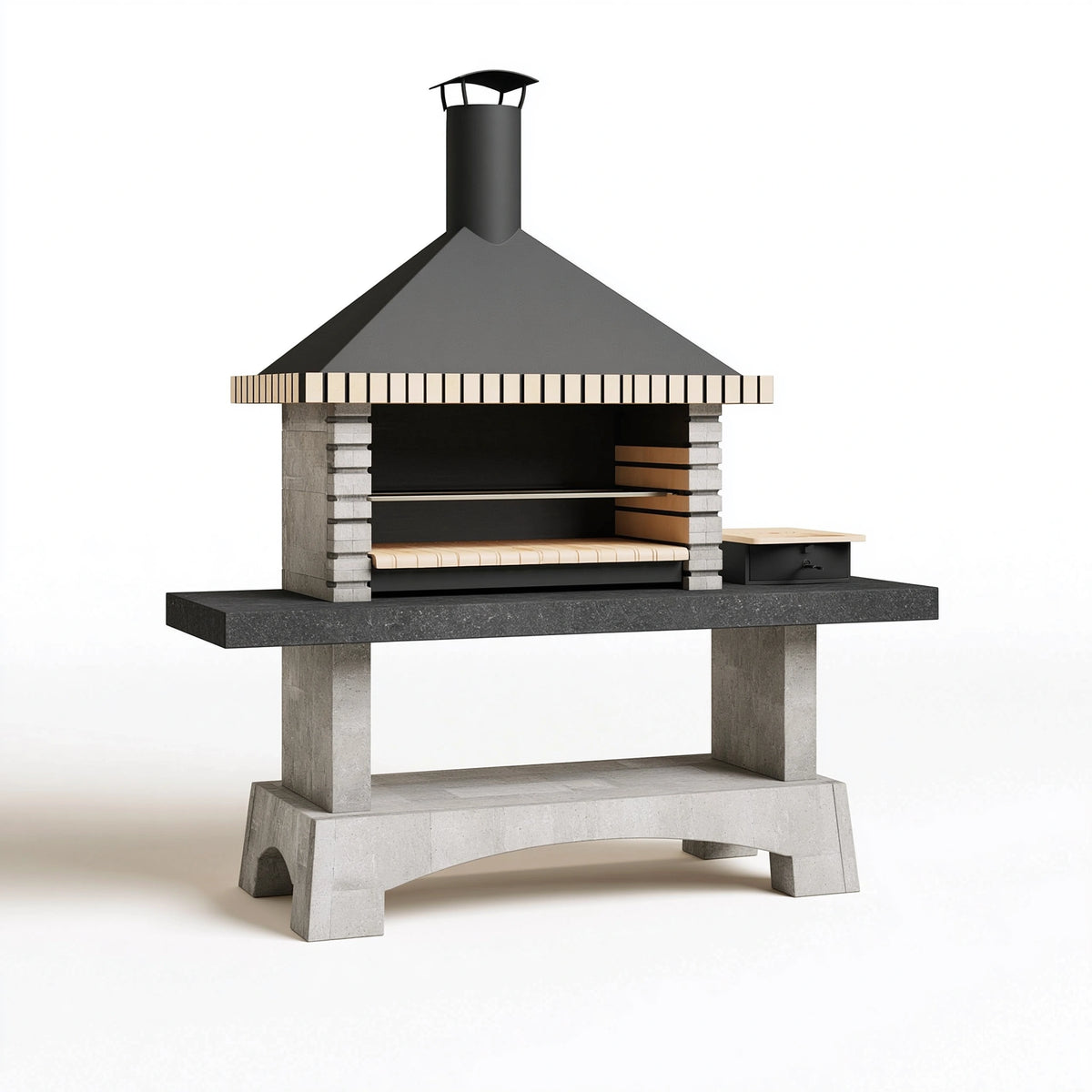 Barbecue de jardin 180 x 80 x 230 cm en pierre et acier noir avec hotte style contemporain