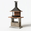 Barbecue de jardin 120 x 70 x 235 cm en métal brique et pierre noir terre cuite avec hotte cheminée
