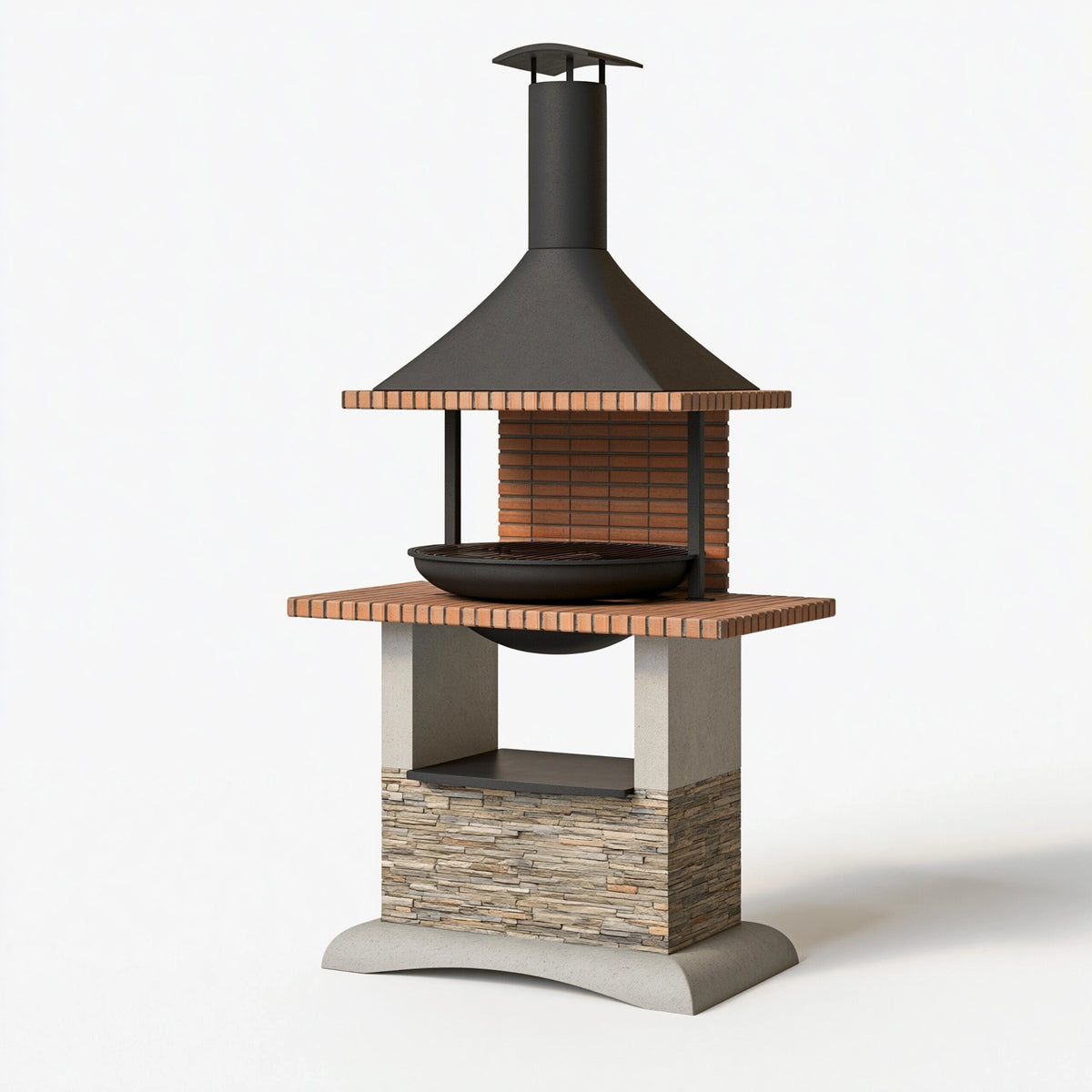 Barbecue de jardin 120 x 70 x 235 cm en métal brique et pierre noir terre cuite avec hotte cheminée