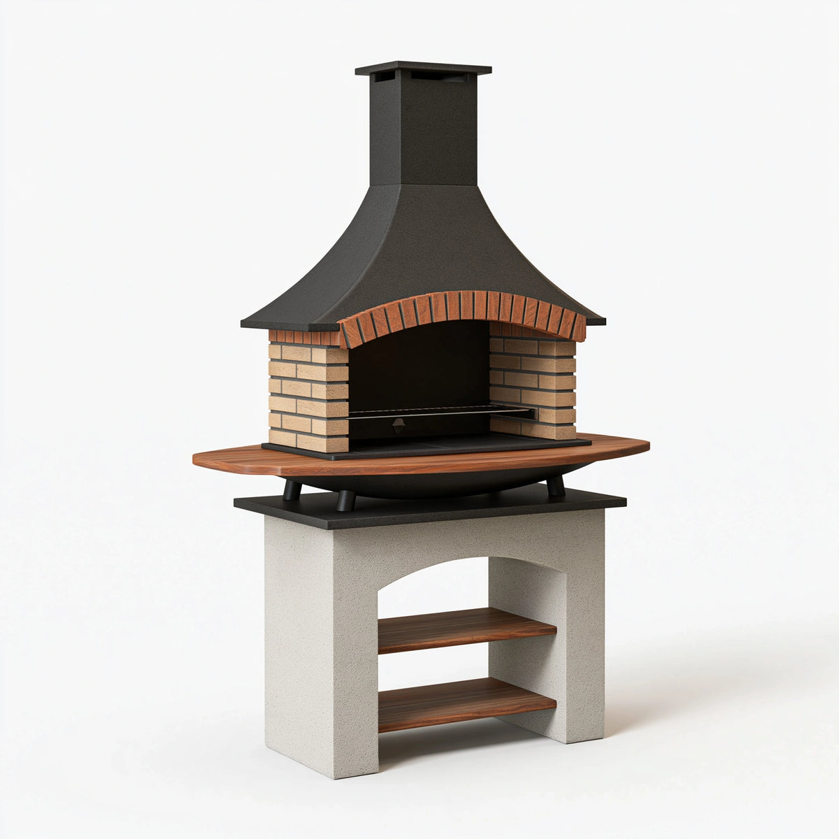 Barbecue de jardin 140 x 80 x 220 cm en métal brique et bois noir brun avec cheminée