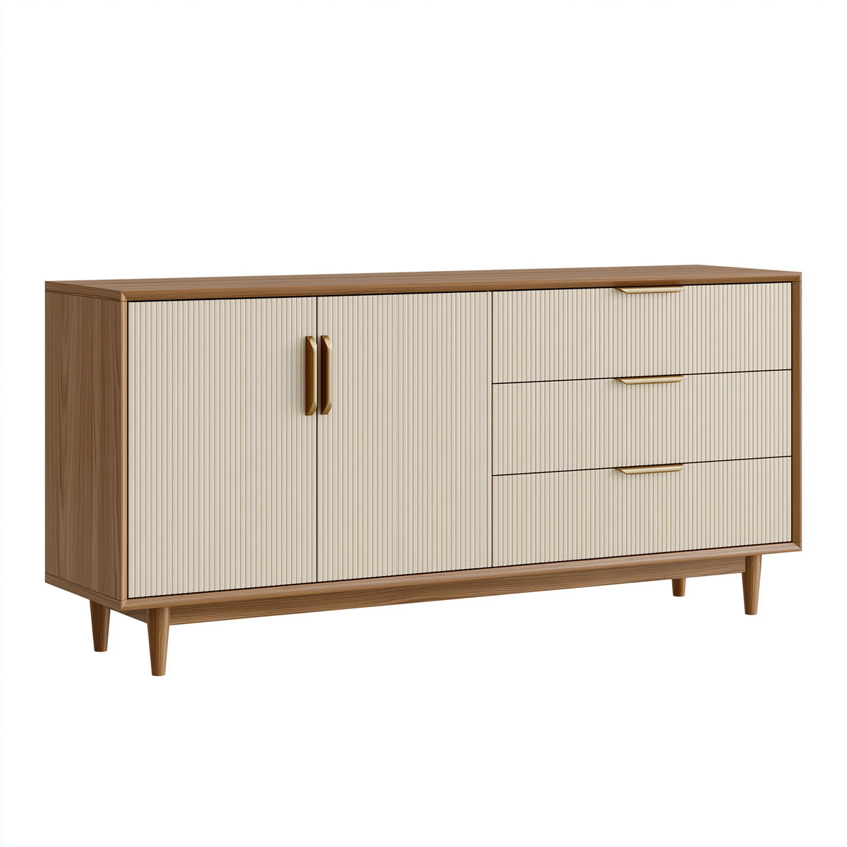 Buffet 160 x 40 x 85 cm en bois marron et crème avec 2 portes 3 tiroirs style moderne