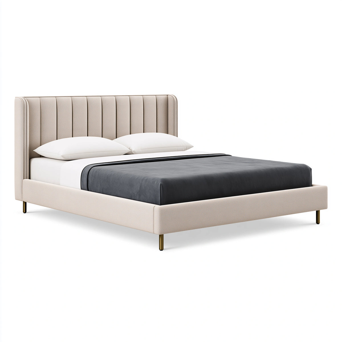 Lit double 160 x 200 cm en tissu beige avec tête de lit capitonnée style contemporain