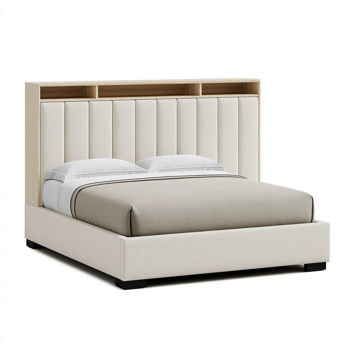 Lit 2 places 160 x 200 cm en bois et tissu beige avec tête de lit de rangement