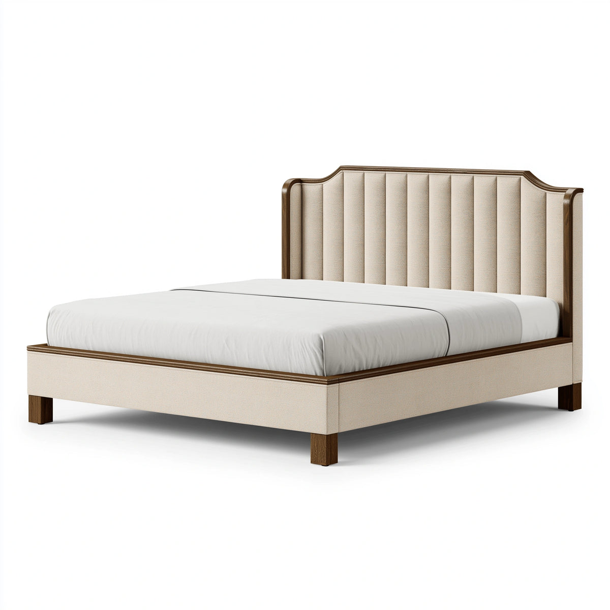 Lit double 160 x 200 cm en tissu beige et bois brun - tête de lit capitonnée classique