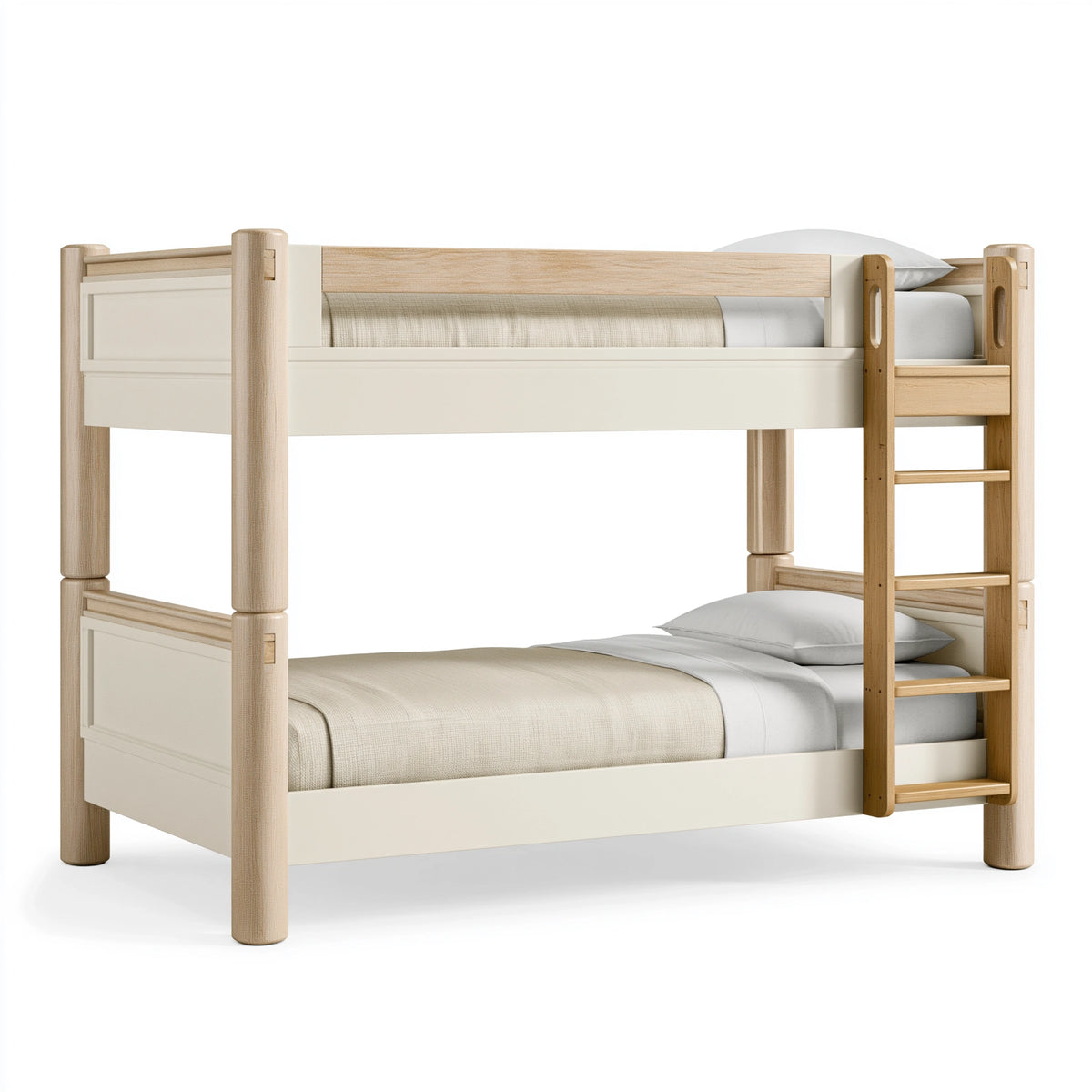 Lit superposé 90 x 190 cm en bois blanc et naturel avec échelle