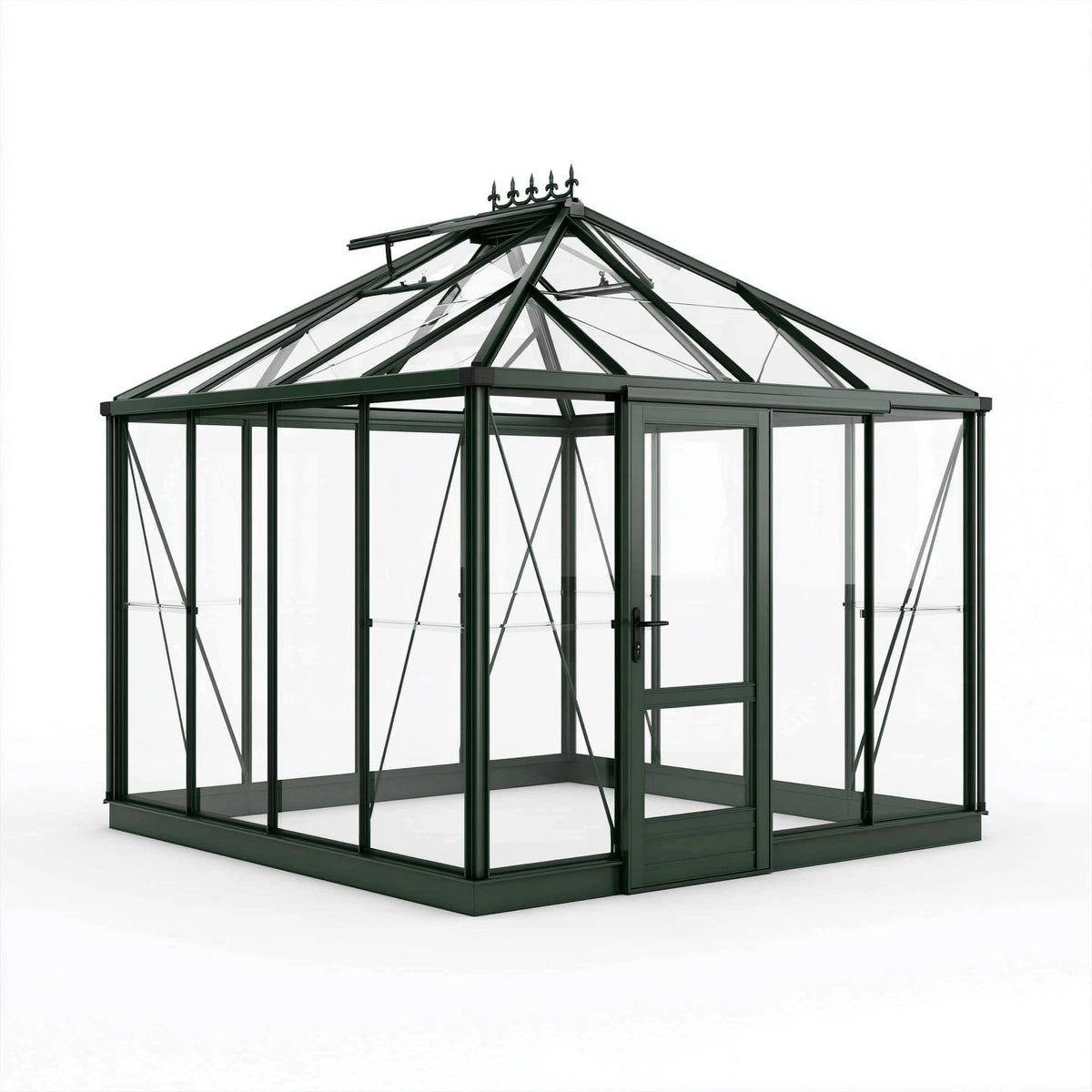 Serre de jardin 300 x 300 x 280 cm en aluminium et verre vert à toit pavillon
