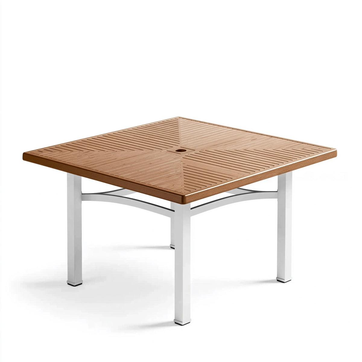 Table de jardin 90 x 90 x 75 cm plateau effet bois marron structure aluminium blanche avec trou de parasol