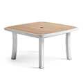 Table de jardin carrée 90 x 90 x 74 cm aluminium blanc plateau effet bois avec trou de parasol