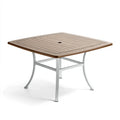 Table de jardin 100 x 100 x 74 cm en métal aspect bois marron et argenté avec trou pour parasol