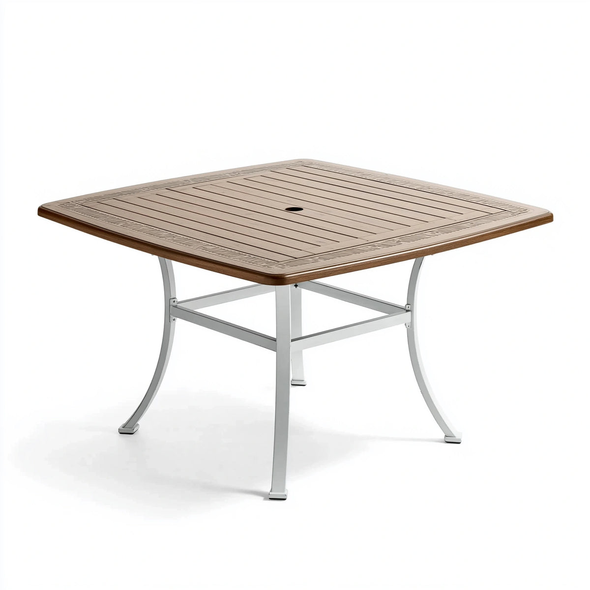 Table de jardin 100 x 100 x 74 cm en métal aspect bois marron et argenté avec trou pour parasol