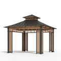 Pavillon de jardin 300 x 300 x 320 cm en métal noir et bois brun - Abri extérieur à toit double