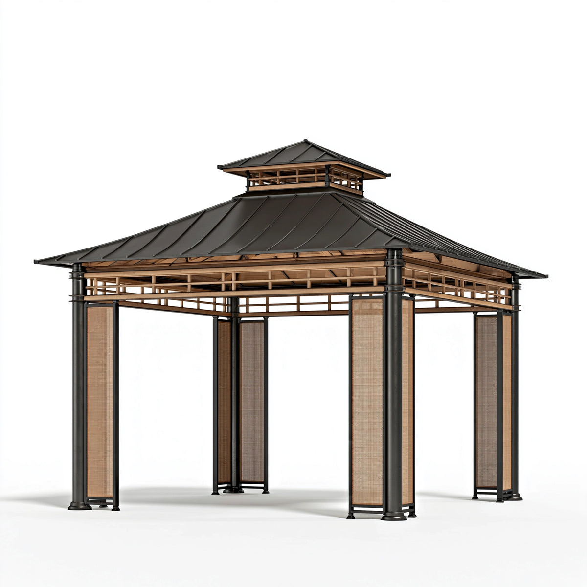 Pavillon de jardin 300 x 300 x 320 cm en métal noir et bois brun - Abri extérieur à toit double