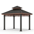 Tonnelle 400 x 400 cm en métal noir et brun pour jardin avec toit ventilé