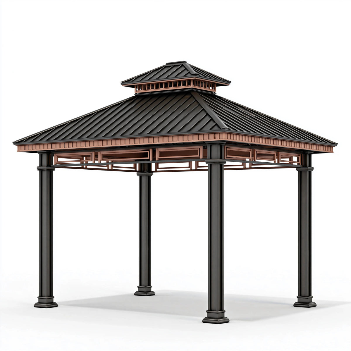Tonnelle 400 x 400 cm en métal noir et brun pour jardin avec toit ventilé