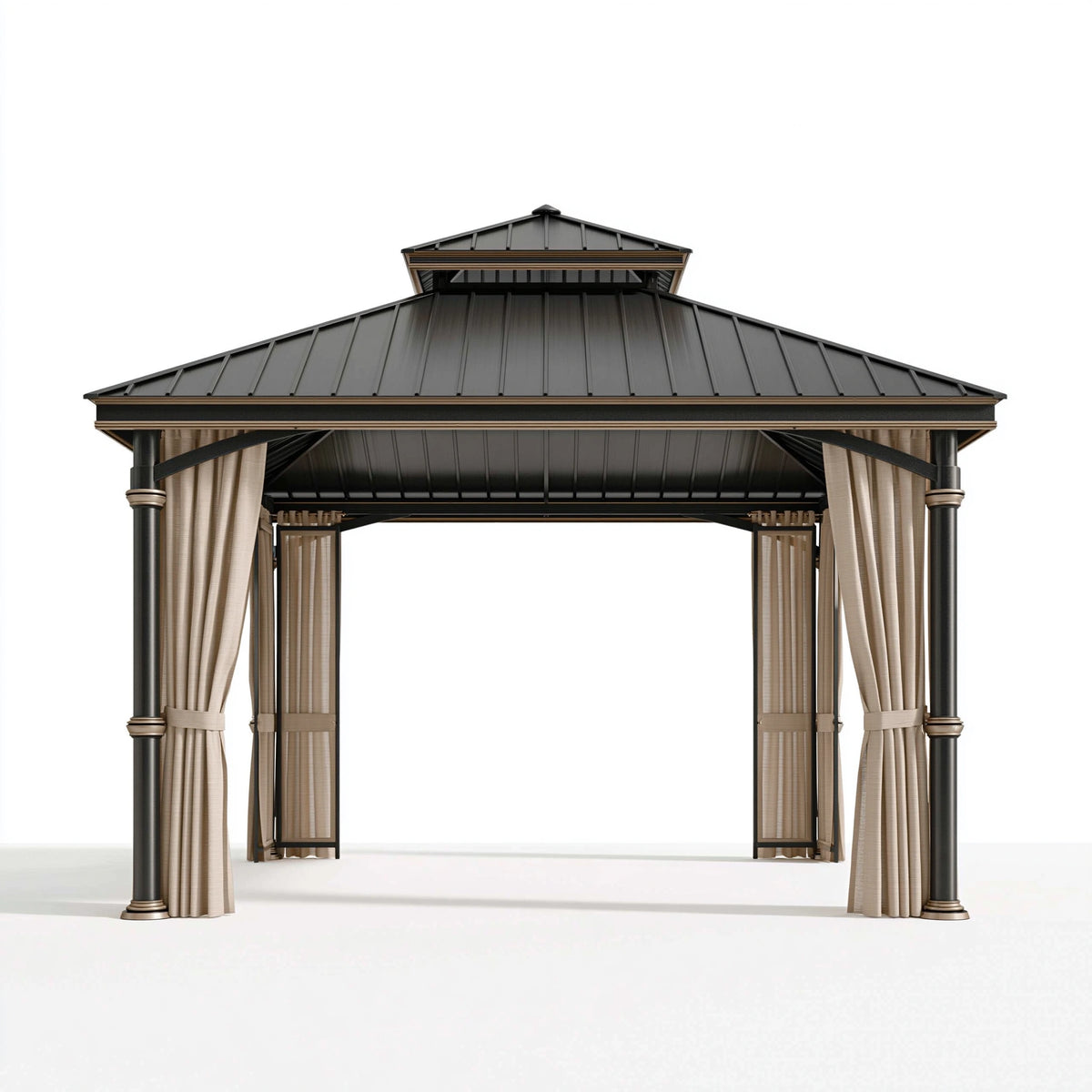 Pavillon de jardin 300 x 300 cm acier noir et beige avec rideaux style classique