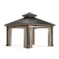 Tonnelle de jardin 400 x 400 x 300 cm acier noir beige - toit ventilé avec rideaux