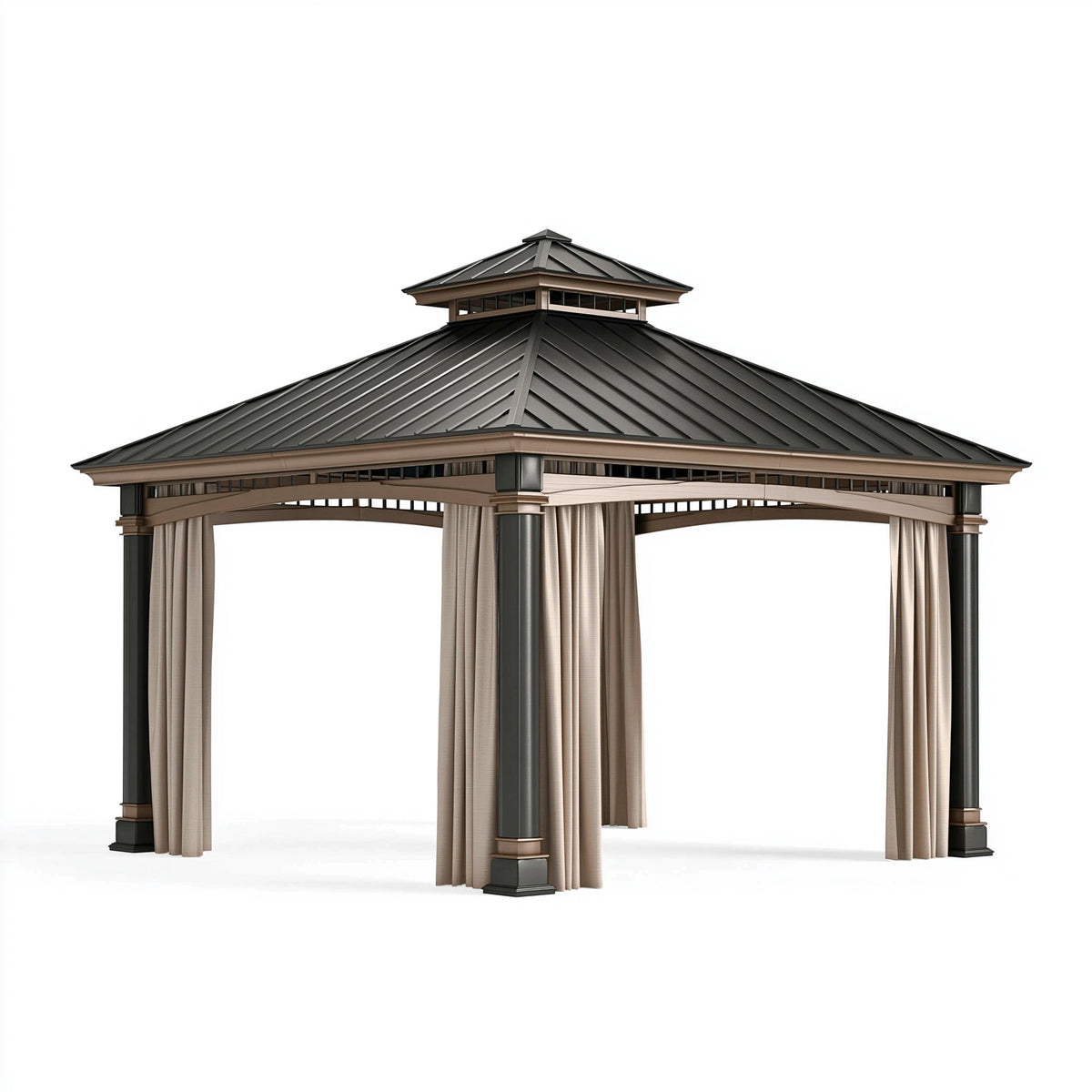 Tonnelle de jardin 400 x 400 x 300 cm acier noir beige - toit ventilé avec rideaux