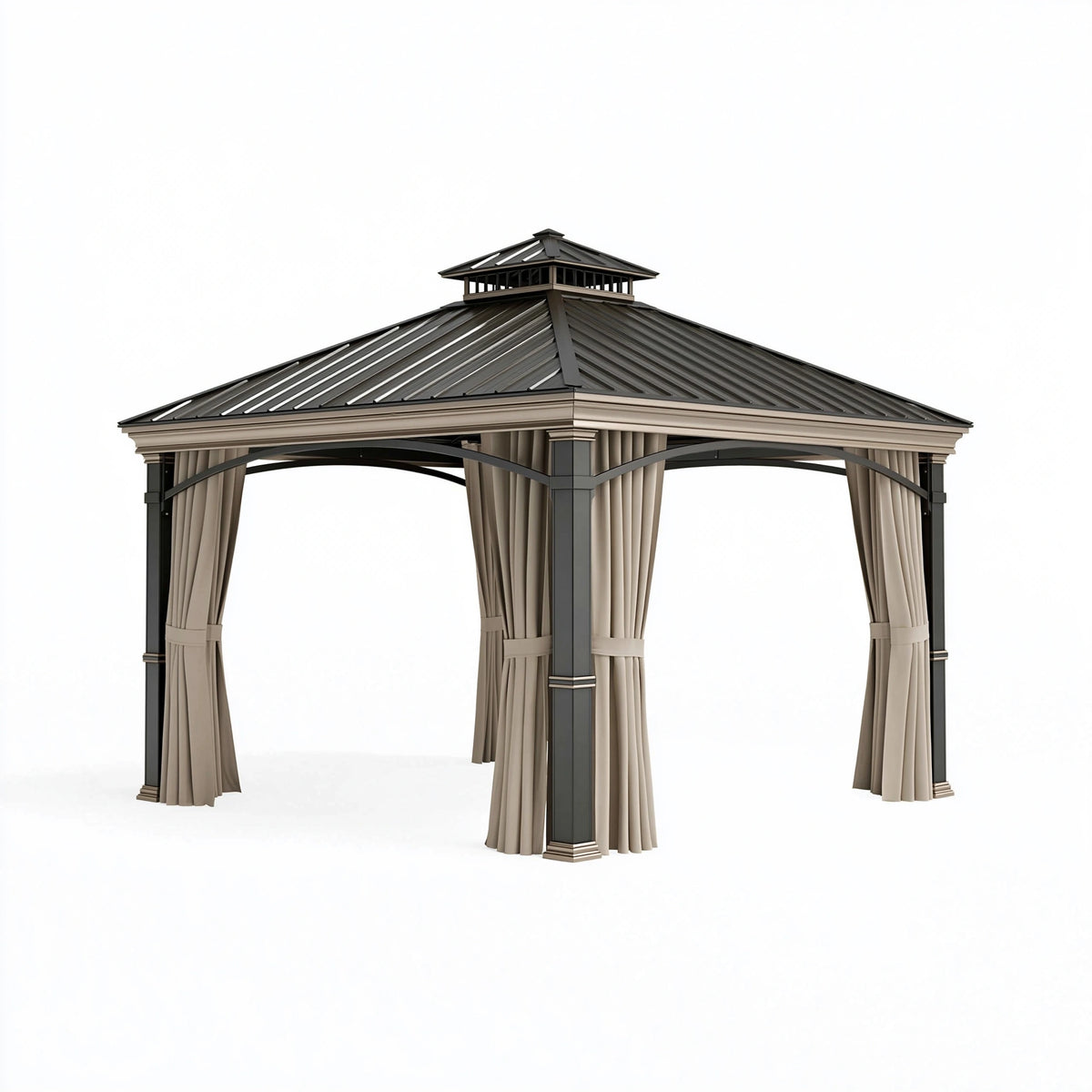 Tonnelle de jardin 300 x 300 cm en métal gris anthracite avec rideaux toit ventilé