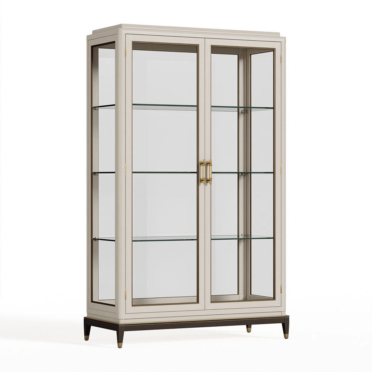 Vitrine 100 x 45 x 190 cm en panneaux effet bois beige et verre style classique
