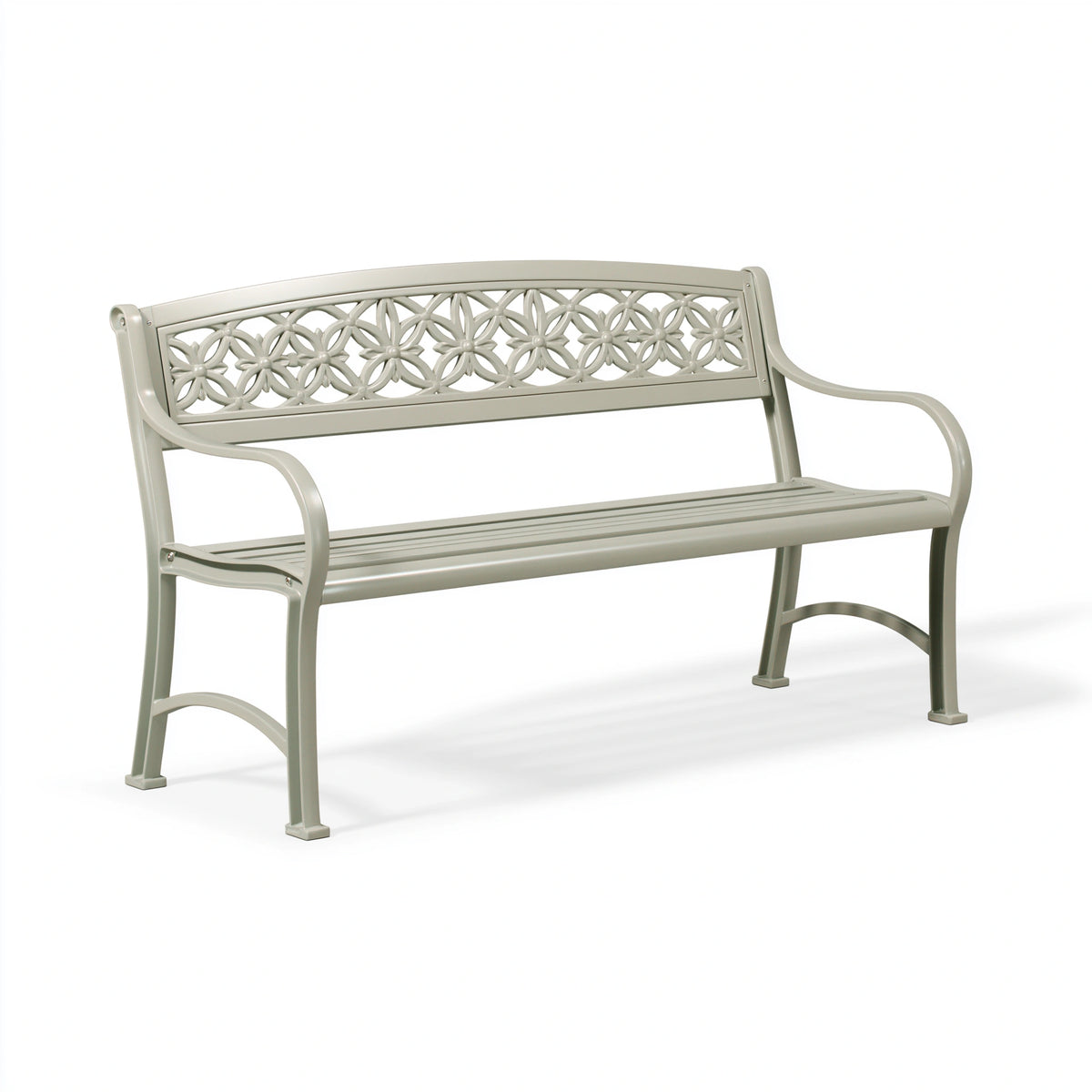 Banc de jardin 122 x 62 x 88 cm en métal taupe à dossier ajouré floral
